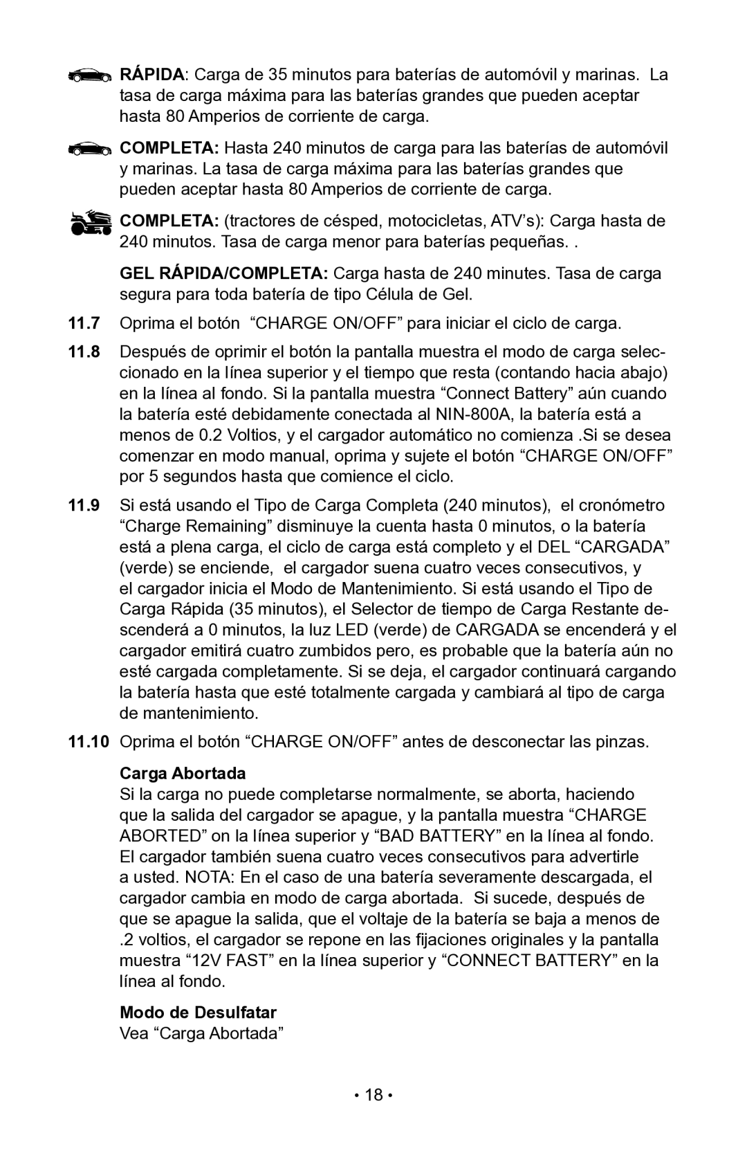 Schumacher 94085893, NIN-800A, 00-99-000942 owner manual Modo de Desulfatar Vea Carga Abortada 