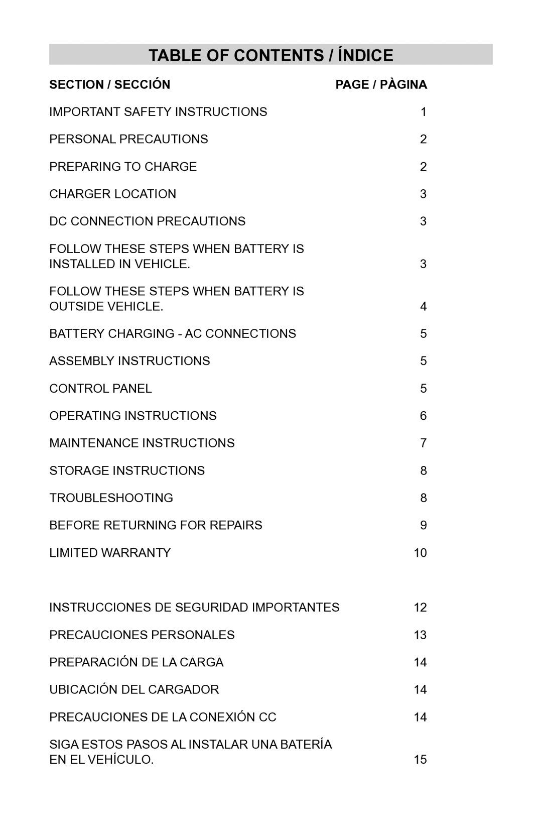 Schumacher NIN-800A, 94085893, 00-99-000942 owner manual Table of Contents / Índice 