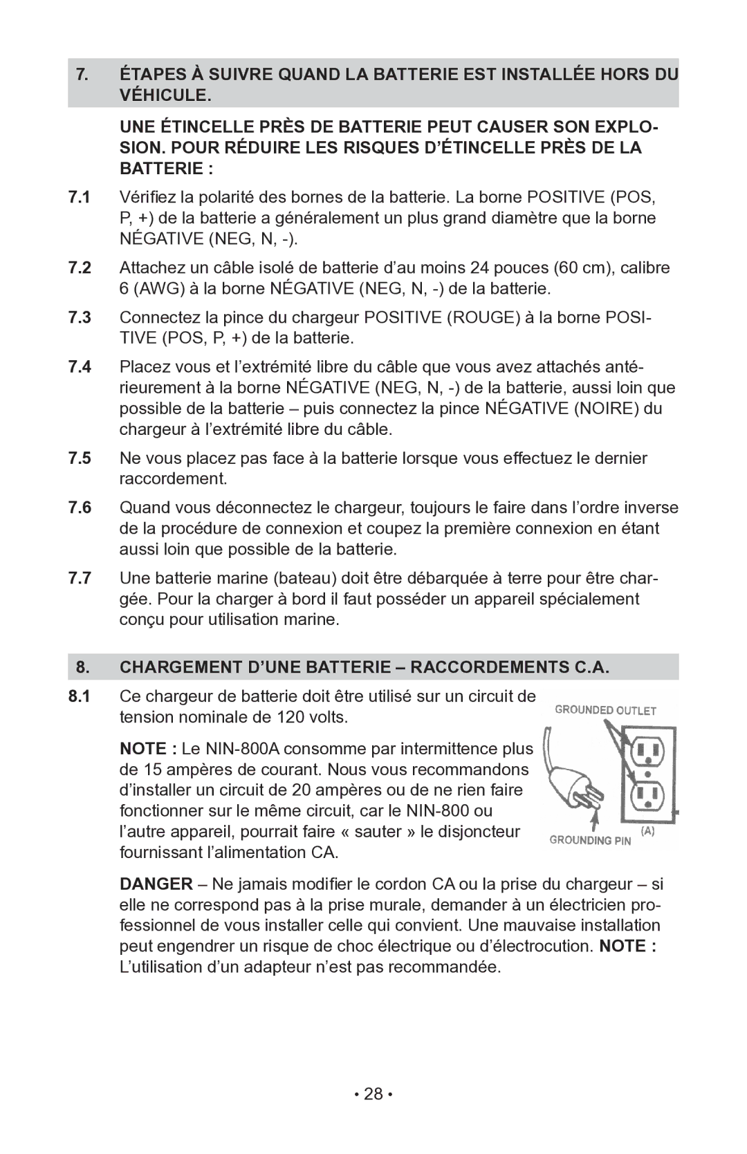 Schumacher 00-99-000942, NIN-800A, 94085893 owner manual Chargement D’UNE Batterie Raccordements C.A 