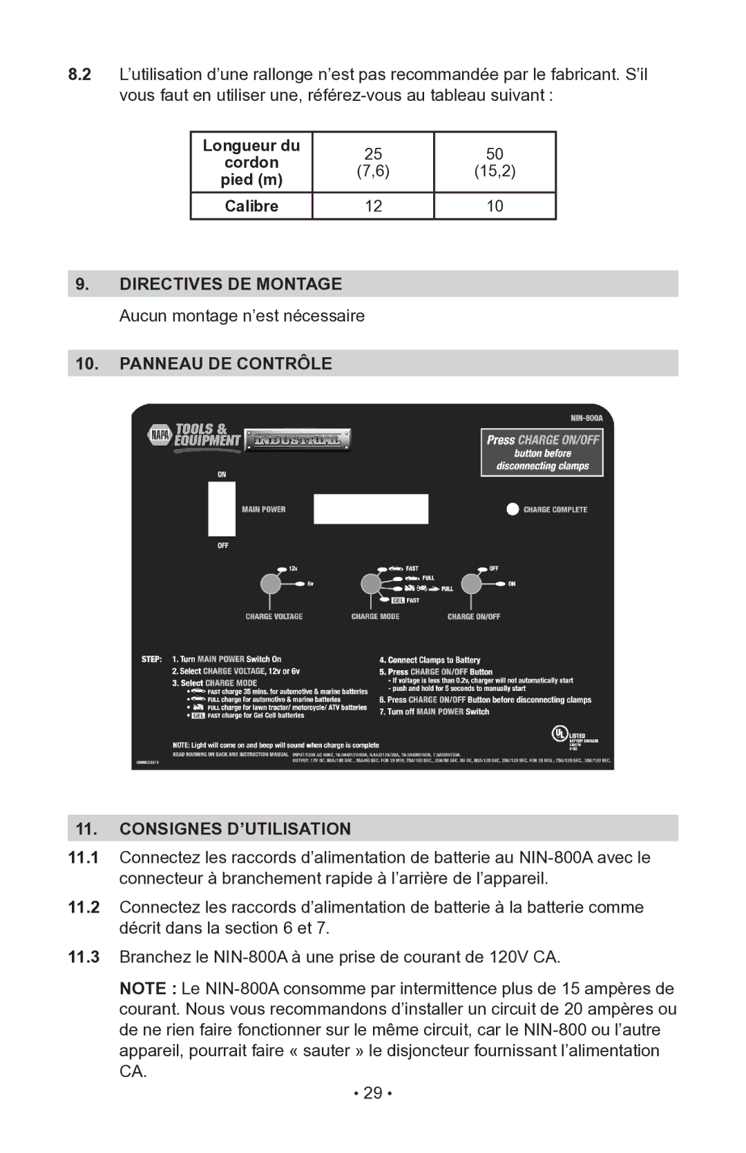 Schumacher NIN-800A, 94085893, 00-99-000942 owner manual Panneau DE Contrôle Consignes D’UTILISATION 