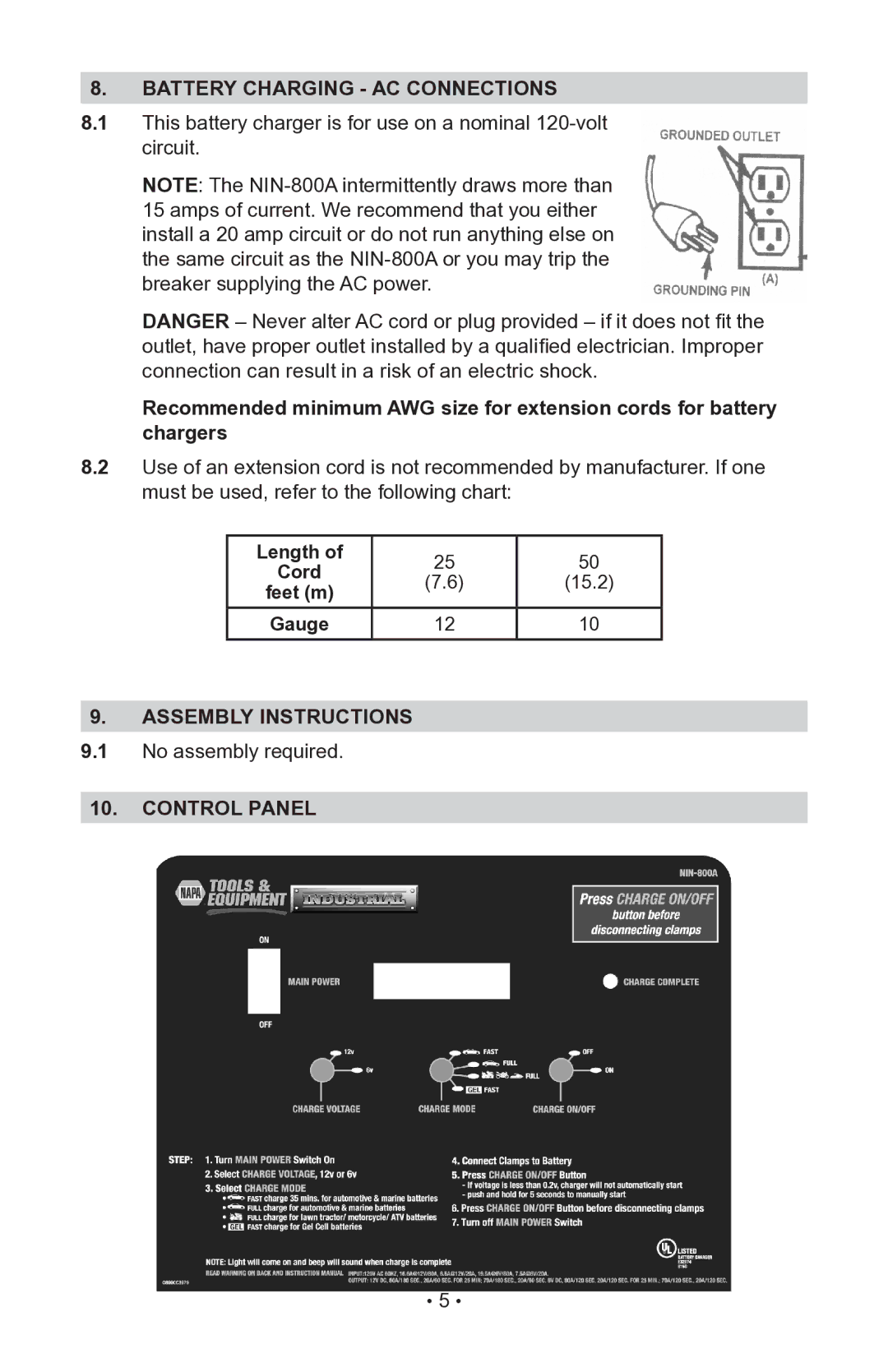 Schumacher NIN-800A, 94085893, 00-99-000942 Battery charging ac connections, Assembly instructions, Control panel 