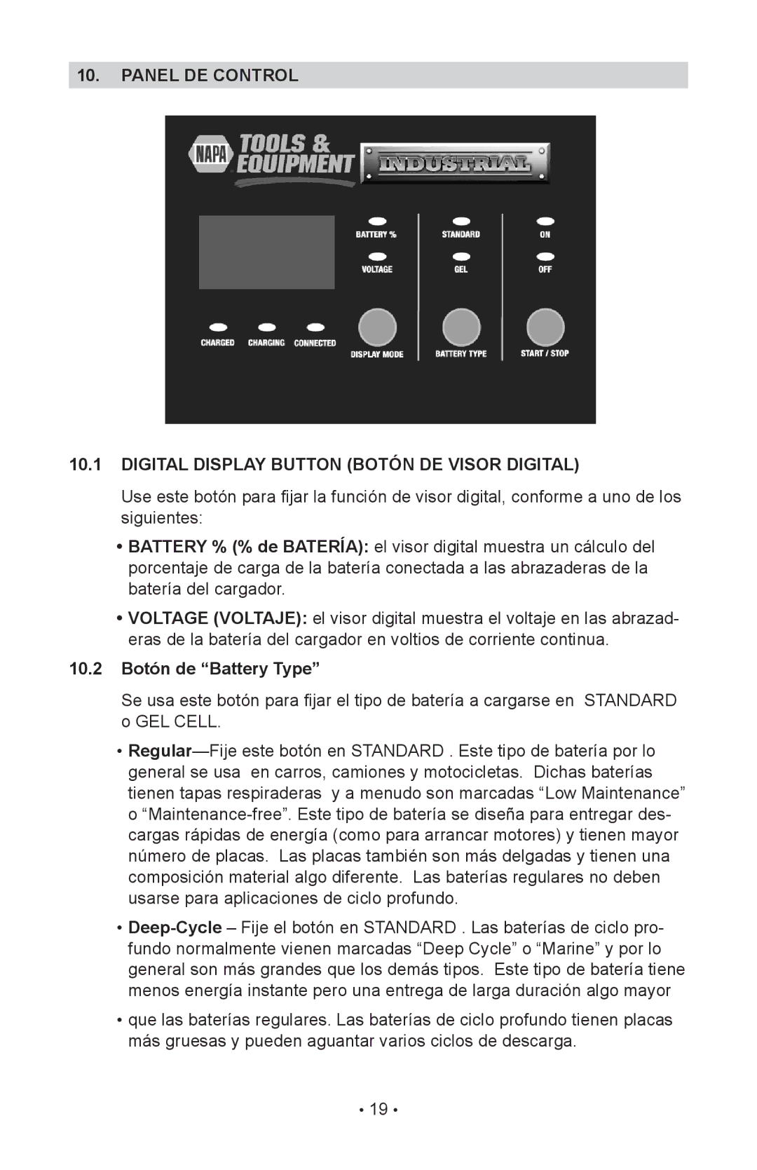 Schumacher 00-99-000943, NIN-812A, 94085894 owner manual 10.2 Botón de Battery Type 