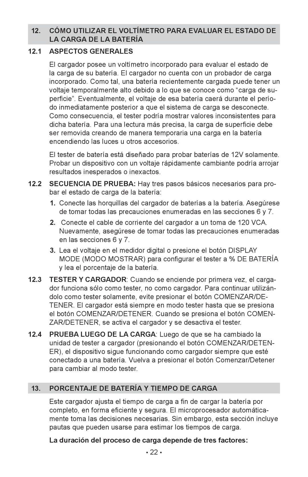 Schumacher 00-99-000943 Porcentaje DE Batería Y Tiempo DE Carga, La duración del proceso de carga depende de tres factores 