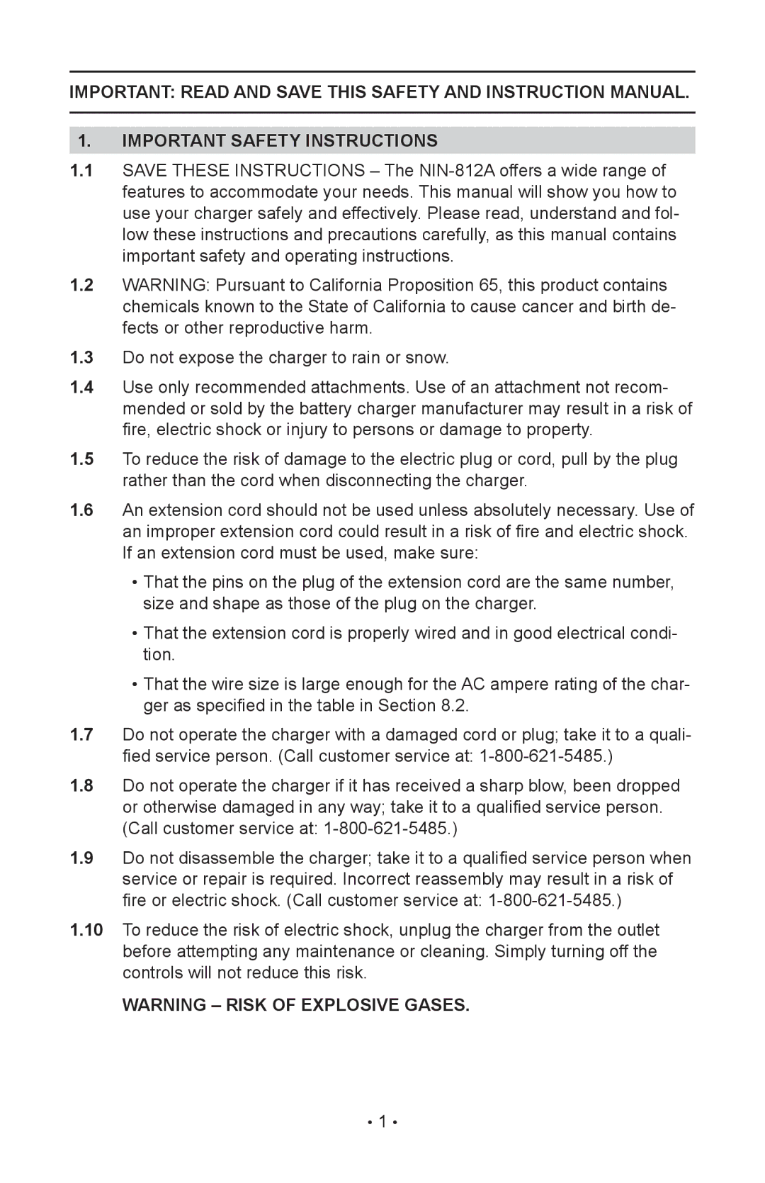 Schumacher 00-99-000943, NIN-812A, 94085894 owner manual Important Safety Instructions 