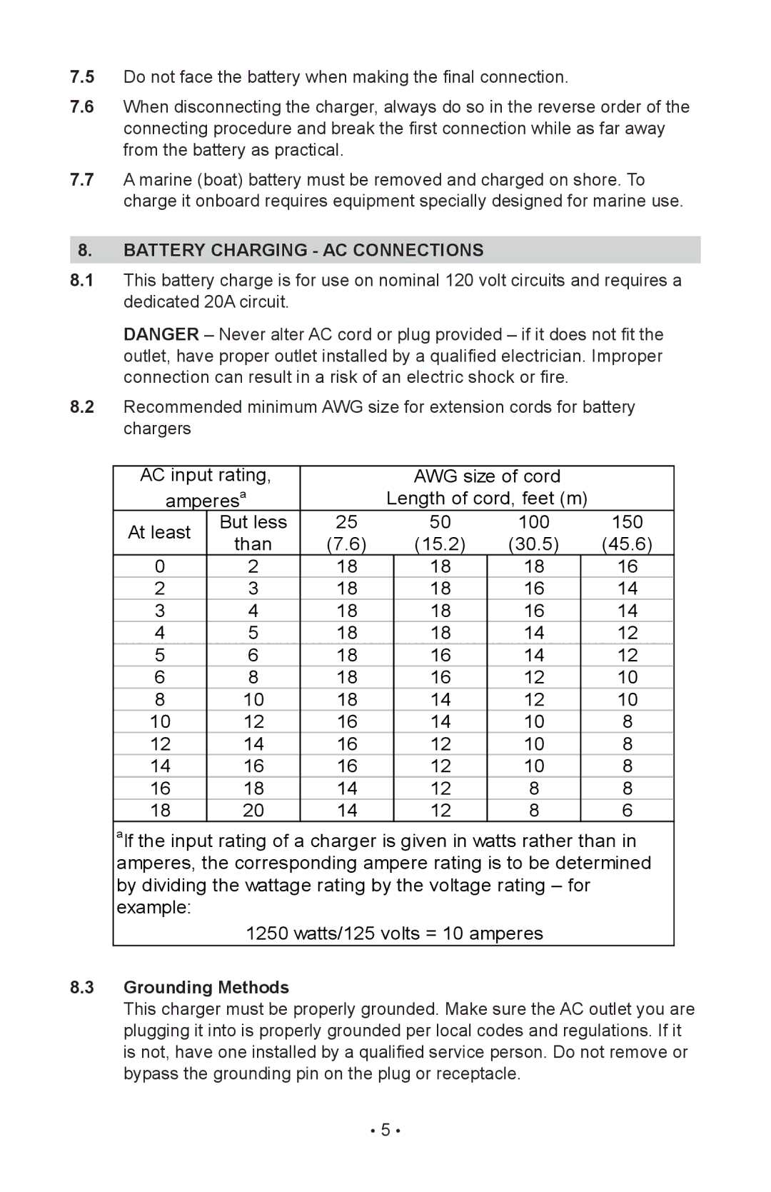 Schumacher NIN-812A, 94085894, 00-99-000943 owner manual Battery charging ac connections, Grounding Methods 