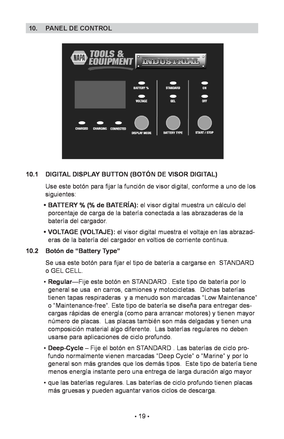 Schumacher 00-99-000943 Panel De Control, Digital Display Button Botón De Visor Digital, 10.2 Botón de “Battery Type” 