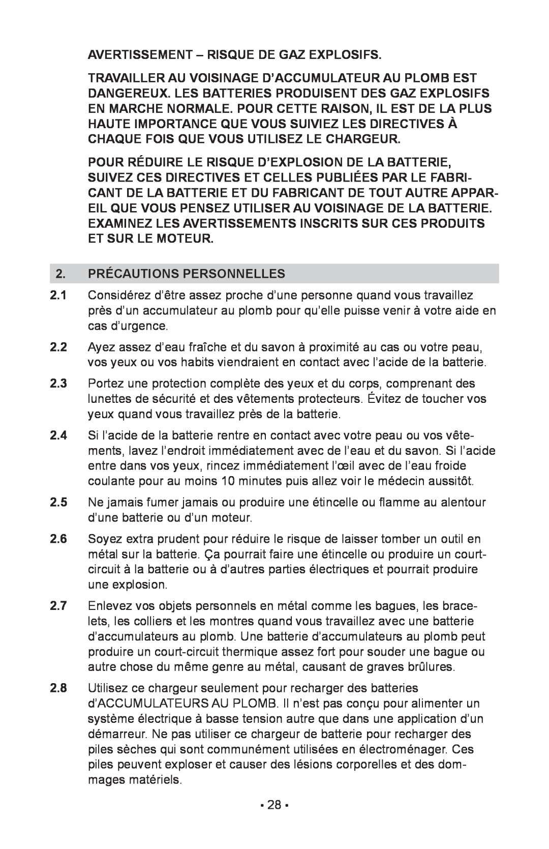 Schumacher 00-99-000943, NIN-812A, 94085894 owner manual Avertissement - Risque De Gaz Explosifs, 2. PRÉCAUTIONS PERSONNELLES 