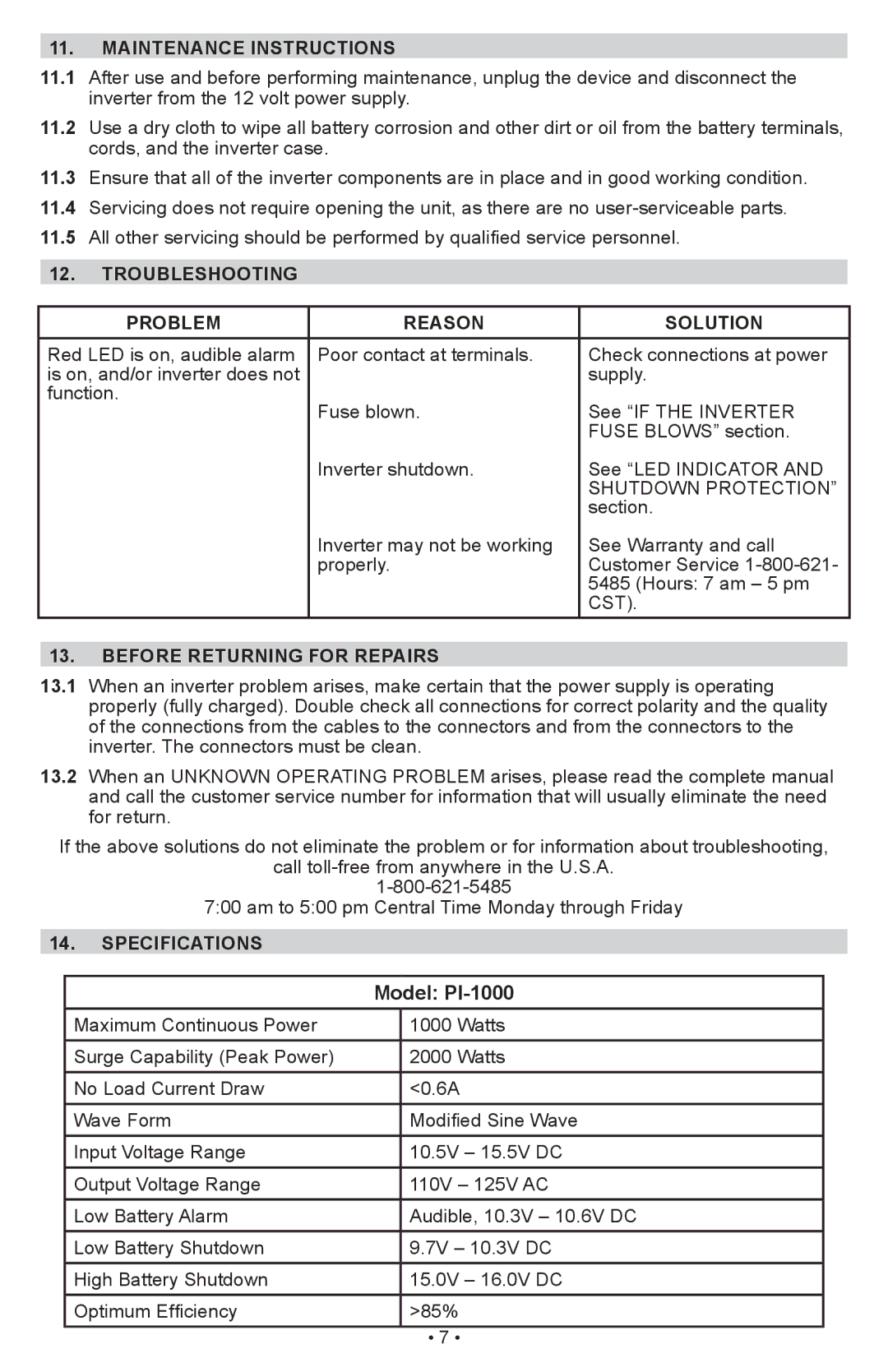 Schumacher PI-1000 Maintenance Instructions, Troubleshooting, Problem Reason Solution, Before Returning for Repairs 