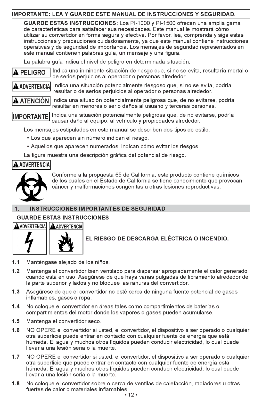 Schumacher PI-1000 owner manual Peligro, El riesgo de descarga eléctrica o incendio 