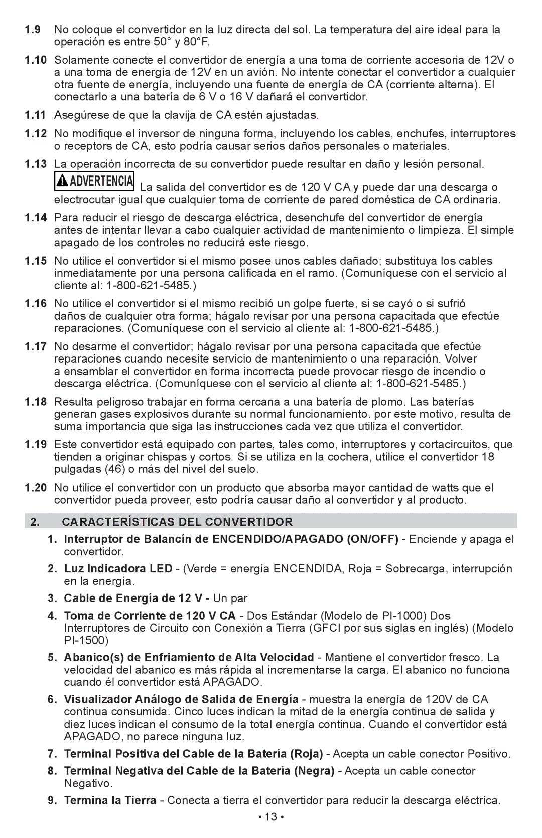 Schumacher PI-1000 owner manual Características DEL Convertidor, Cable de Energía de 12 V Un par 