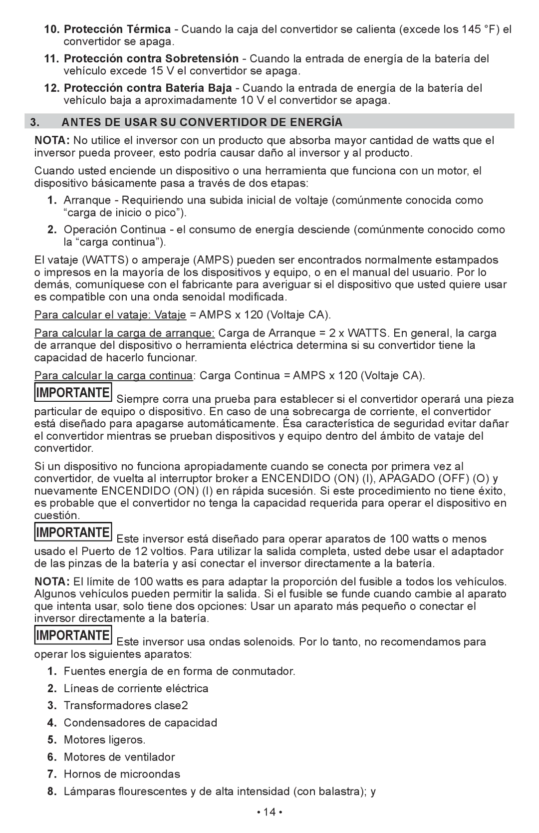 Schumacher PI-1000 owner manual Antes DE Usar SU Convertidor DE Energía 