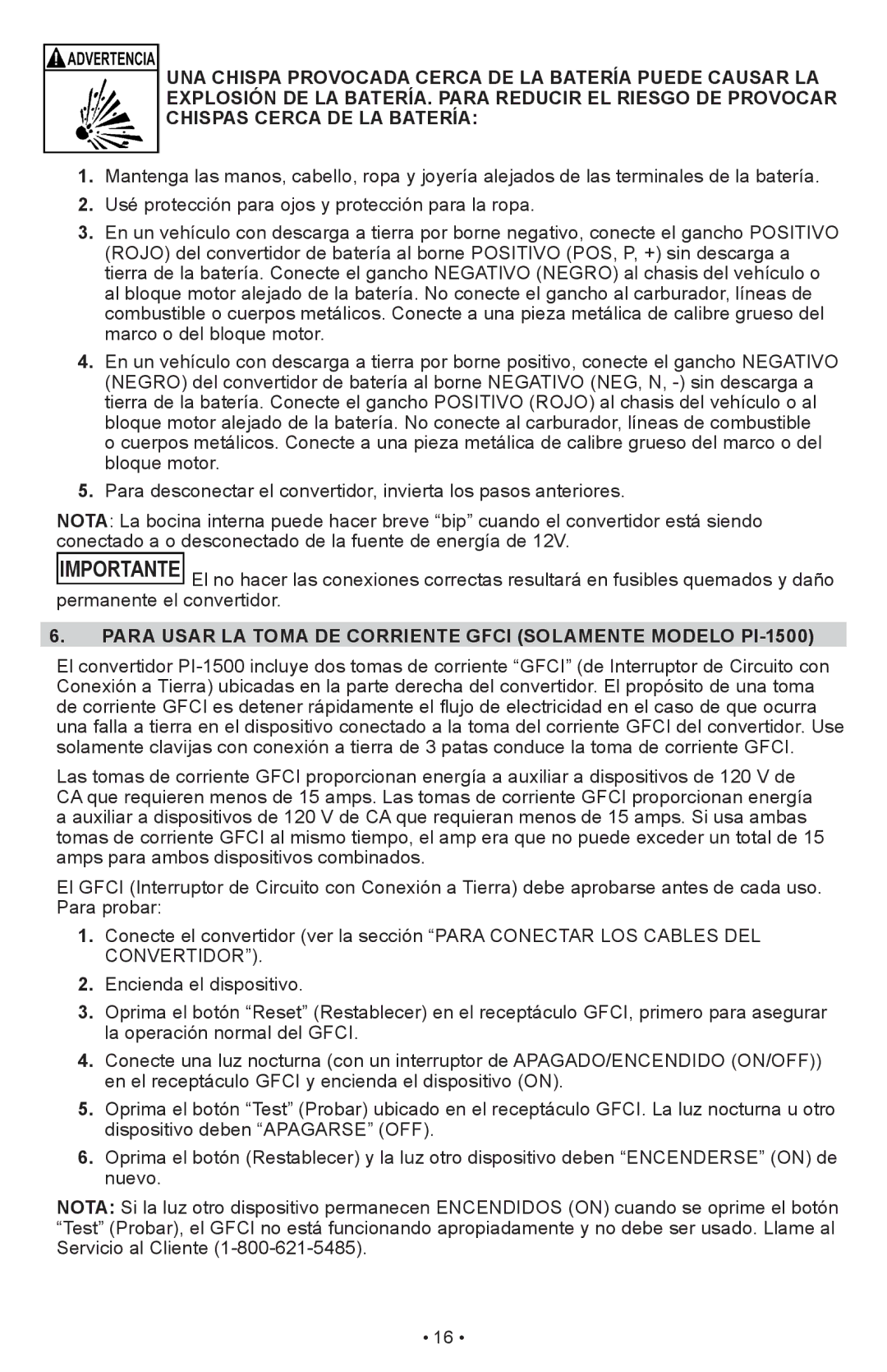 Schumacher PI-1000 owner manual Para Usar LA Toma DE Corriente Gfci Solamente Modelo PI-1500 