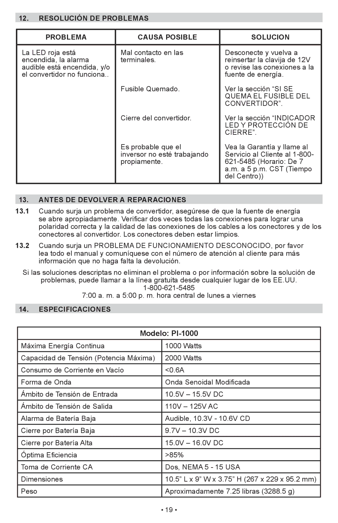 Schumacher PI-1000 Resolución DE Problemas Causa Posible Solucion, Antes DE Devolver a Reparaciones, Especificaciones 