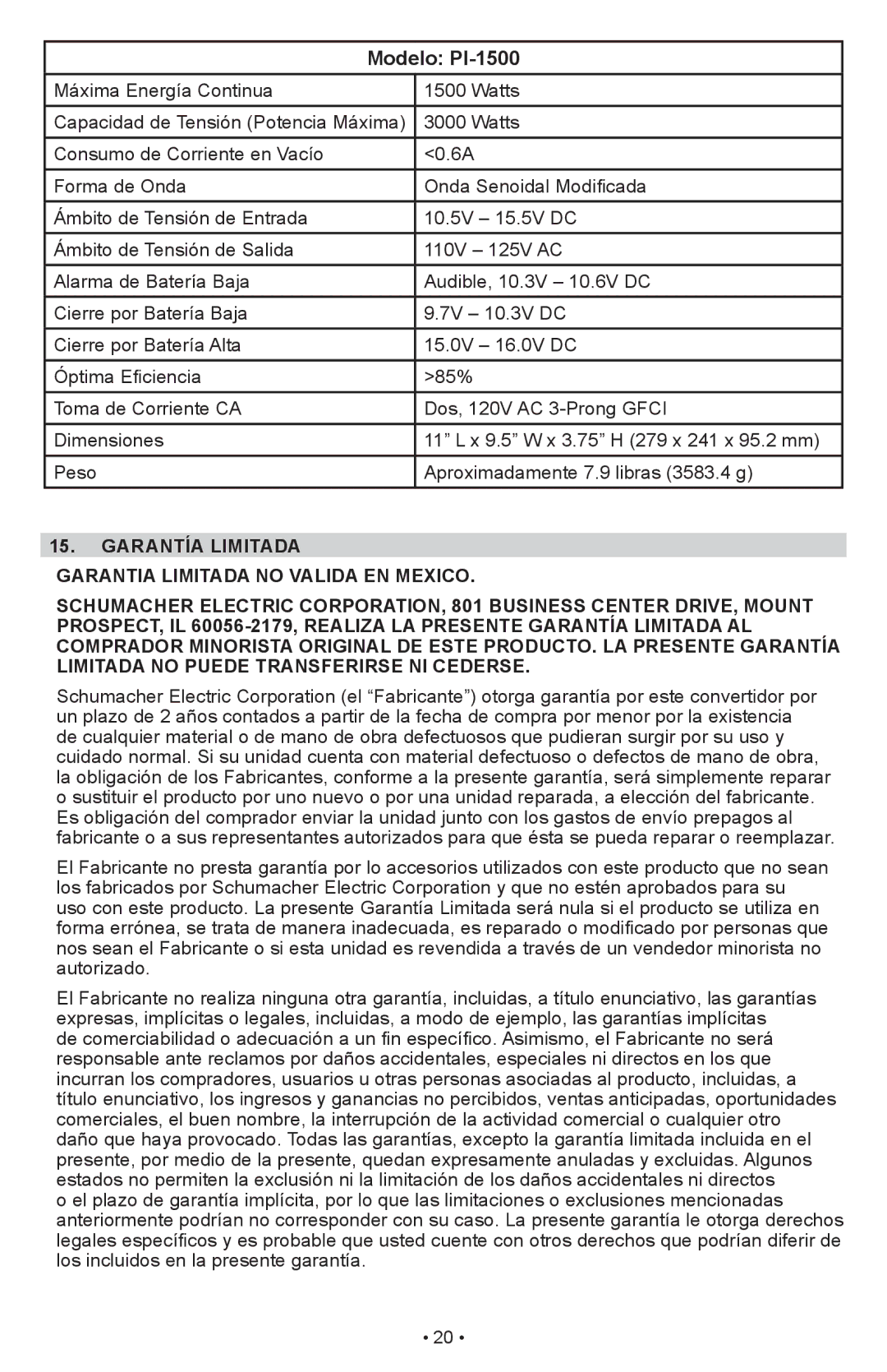 Schumacher PI-1000 owner manual Modelo PI-1500 