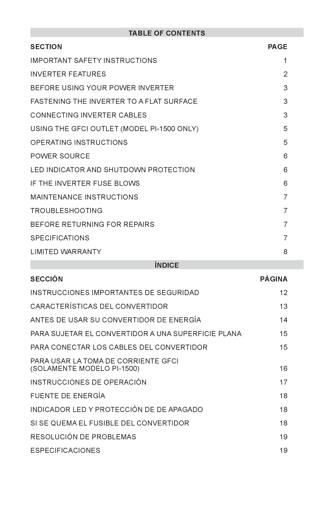 Schumacher PI-1000 owner manual Table of Contents Section, Índice Sección Pàgina 