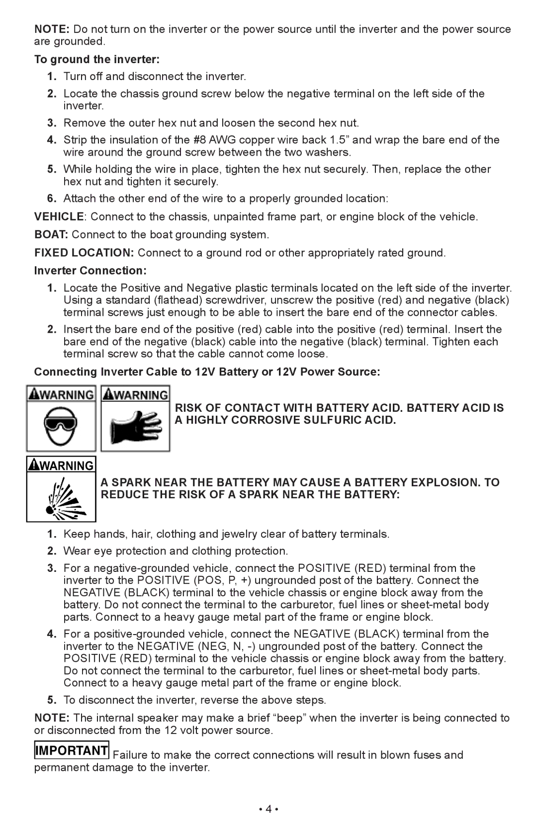 Schumacher PI-1000 owner manual To ground the inverter, Inverter Connection 