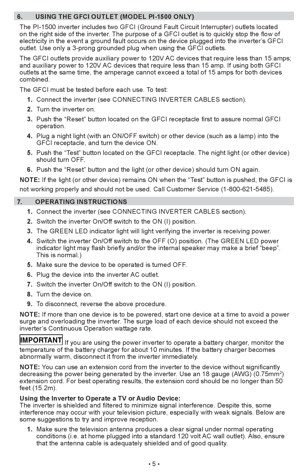 Schumacher PI-1000 owner manual Using the Gfci Outlet Model PI-1500 only, Operating Instructions 