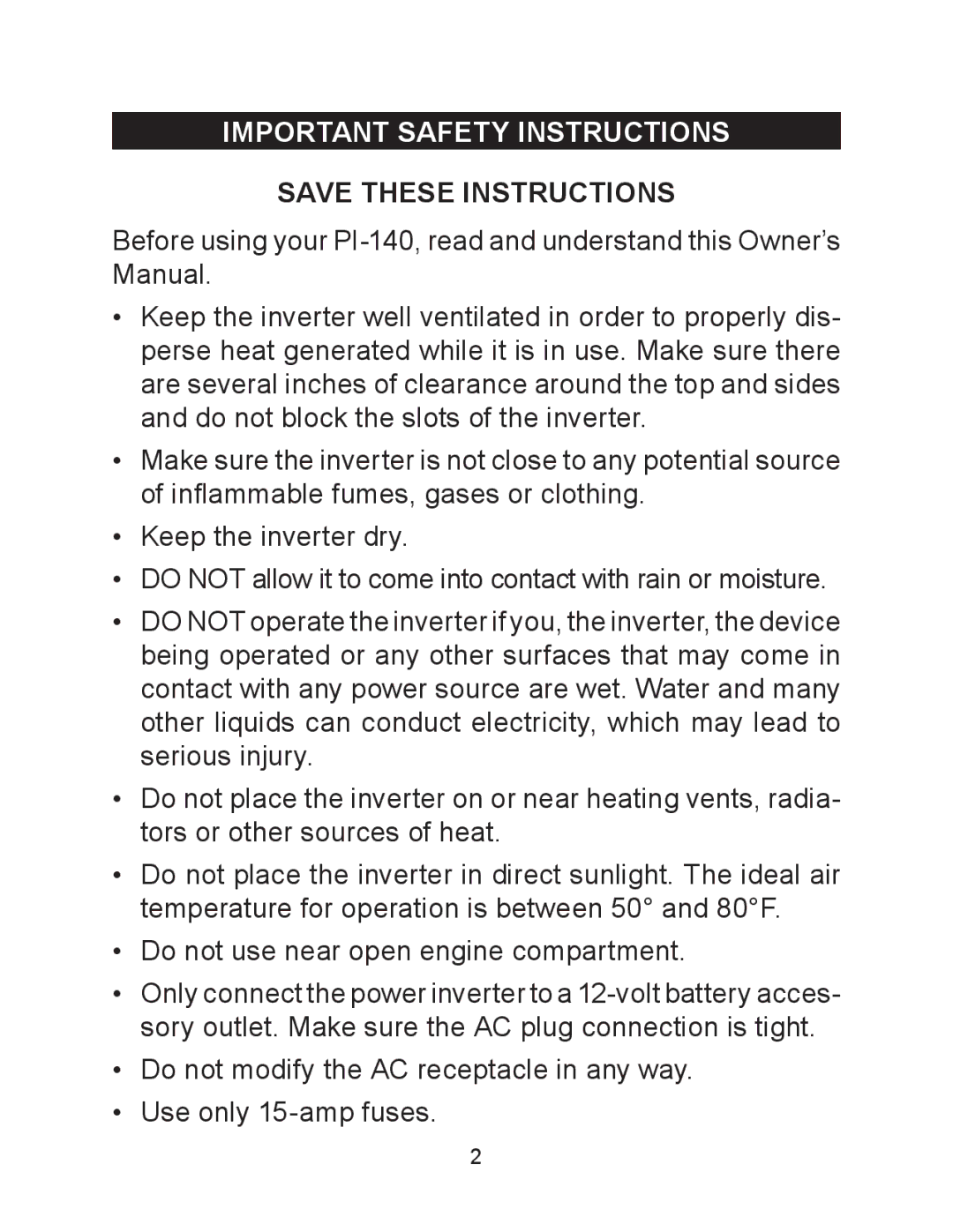 Schumacher PI-140 owner manual Important safety Instructions 