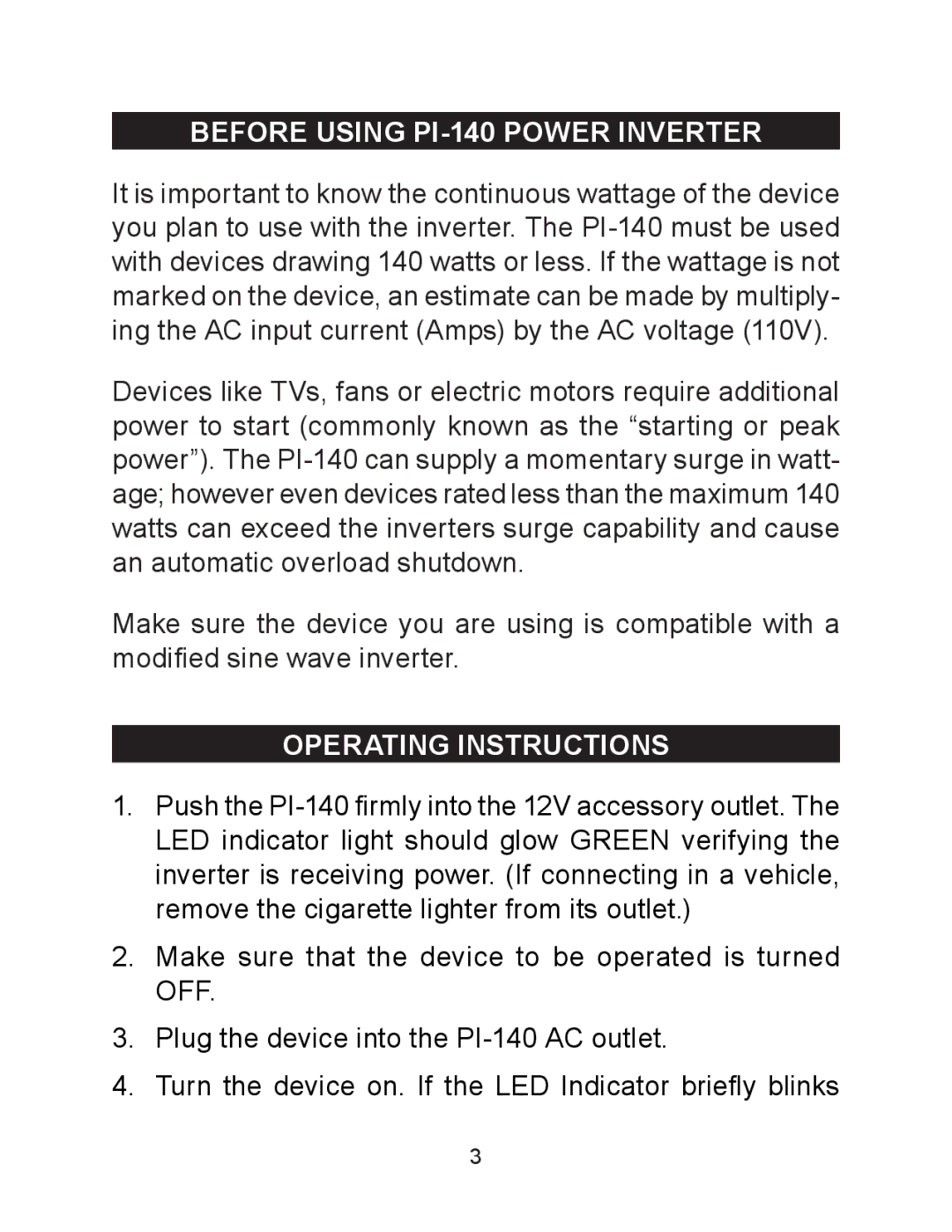 Schumacher owner manual Before Using PI-140 Power Inverter, Operating Instructions 