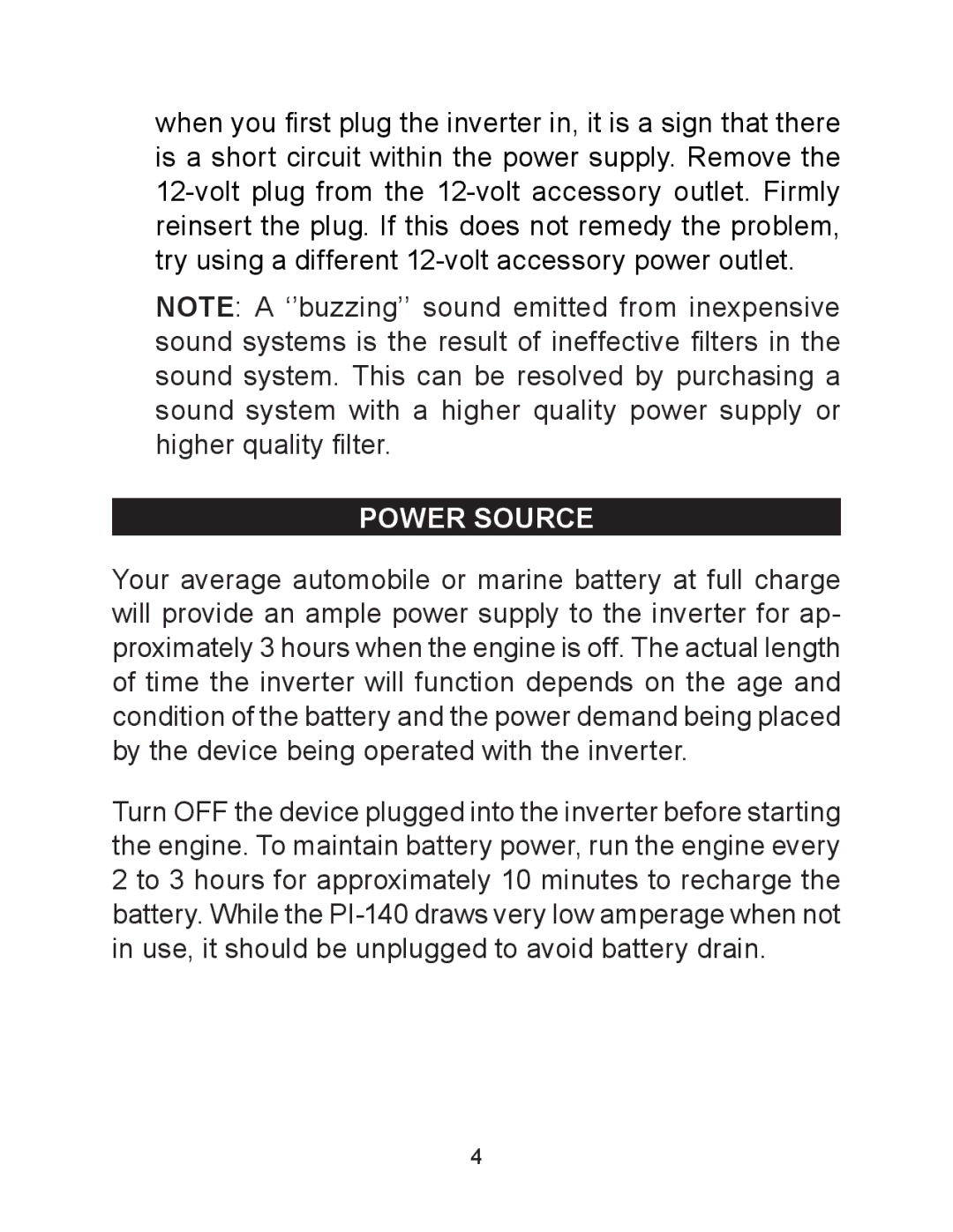 Schumacher PI-140 owner manual Power Source 