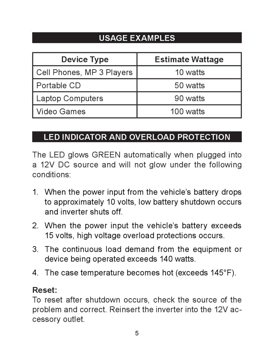 Schumacher PI-140 owner manual Usage Examples, Device Type Estimate Wattage, LED Indicator and Overload Protection, Reset 