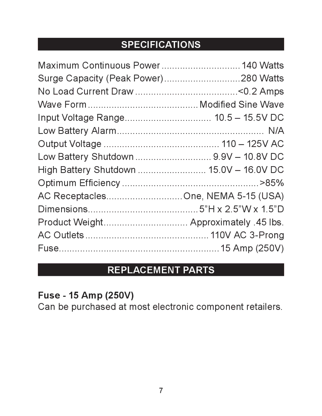 Schumacher PI-140 owner manual Specifications, Replacement Parts, Fuse 15 Amp 