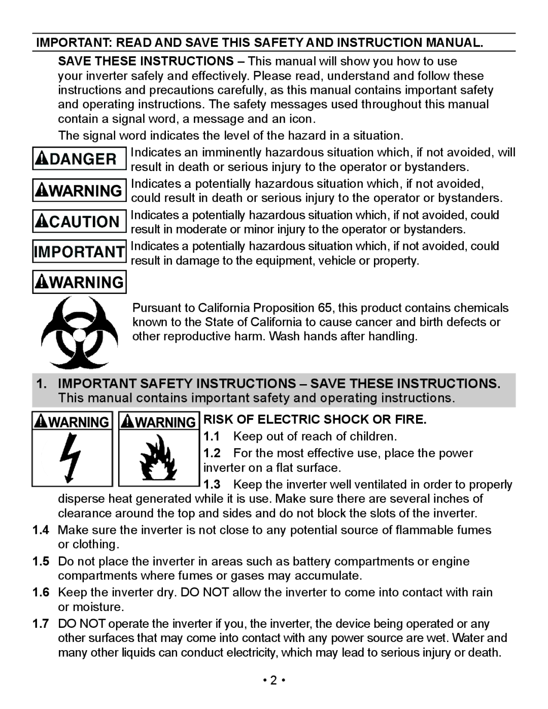 Schumacher PI-140 owner manual Risk of Electric Shock or Fire 