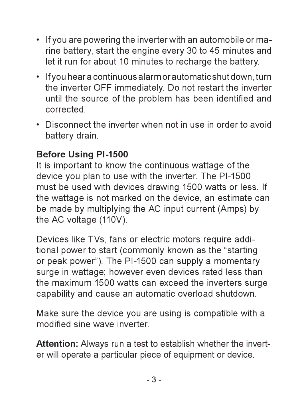 Schumacher owner manual Before Using PI-1500 