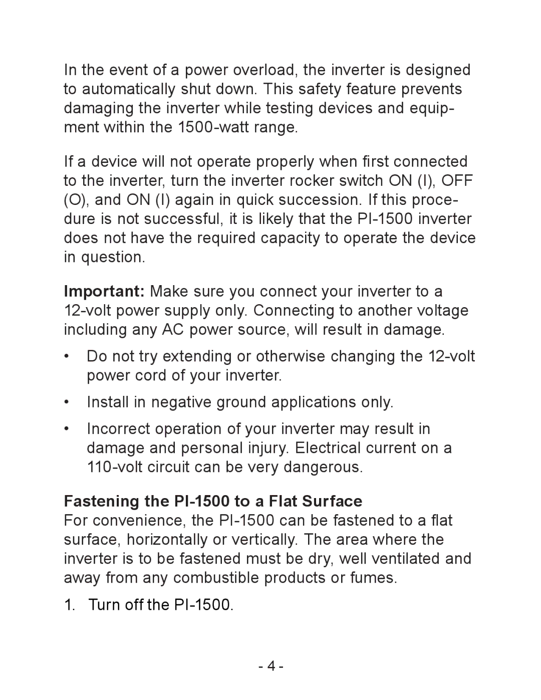 Schumacher owner manual Fastening the PI-1500 to a Flat Surface 