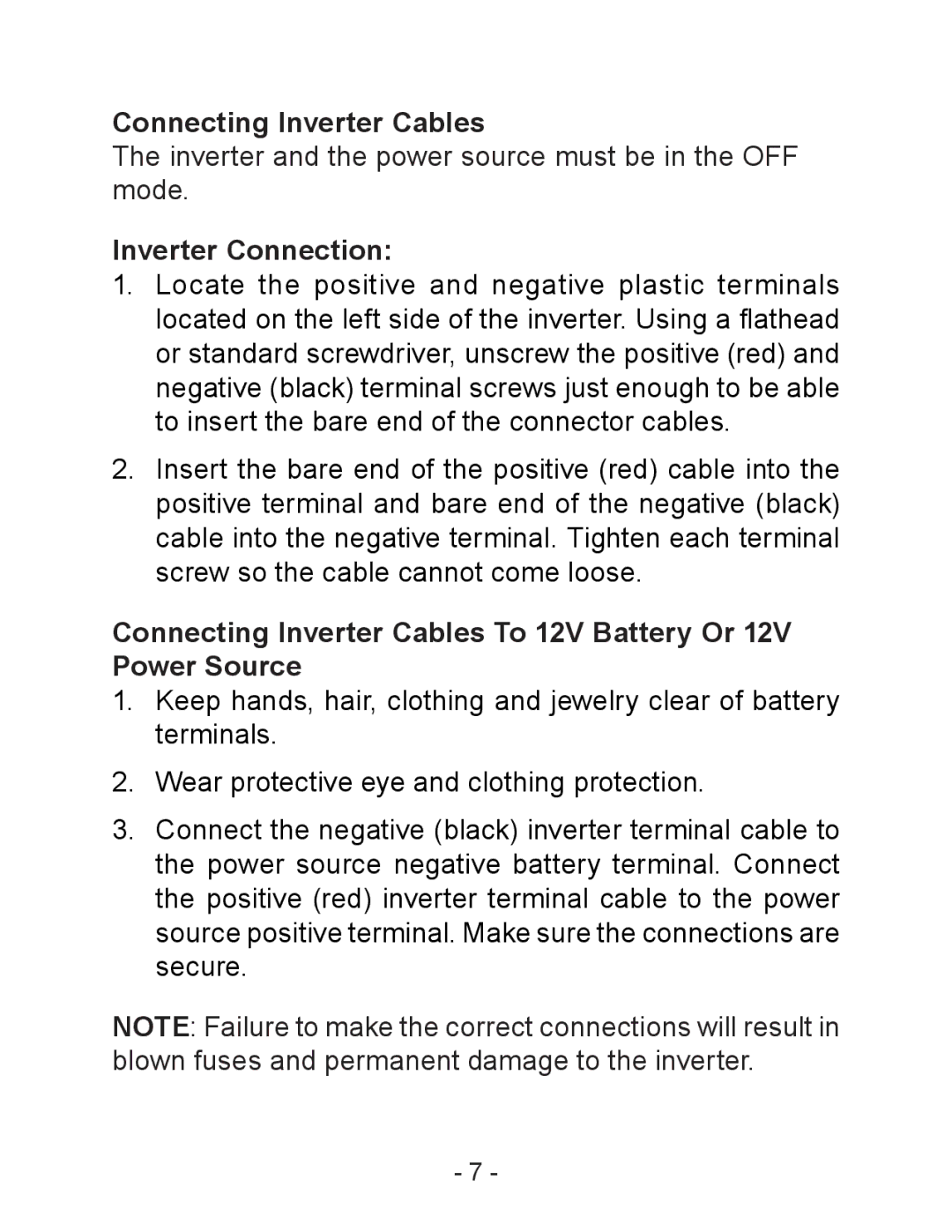 Schumacher PI-1500 owner manual Connecting Inverter Cables, Inverter Connection 