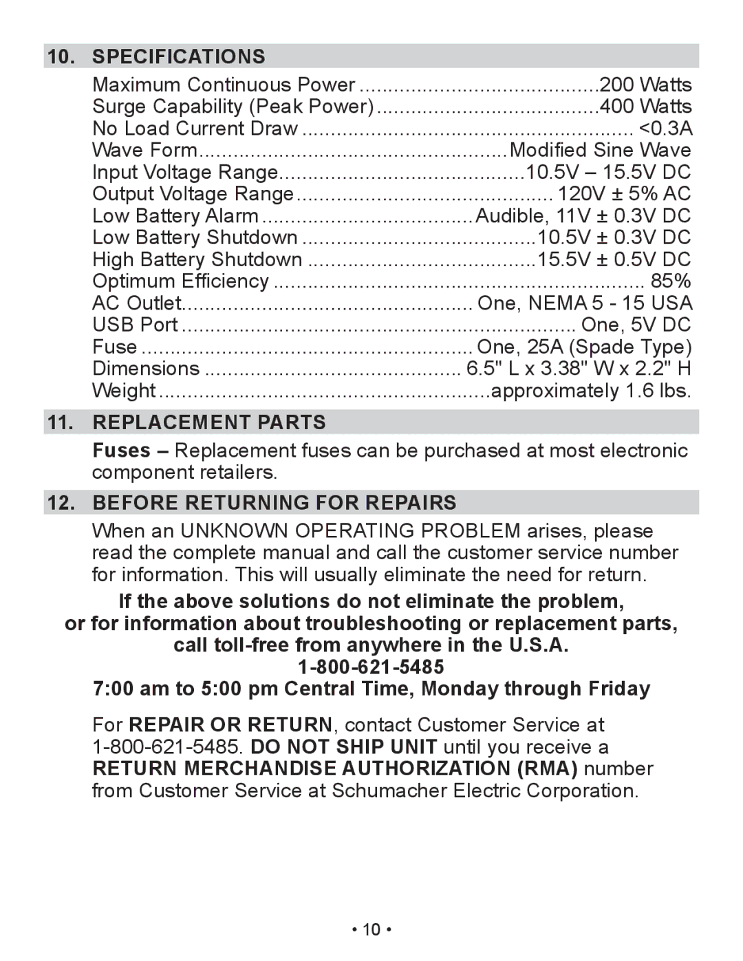 Schumacher PI-200 owner manual Specifications, Replacement Parts, Before Returning for Repairs 