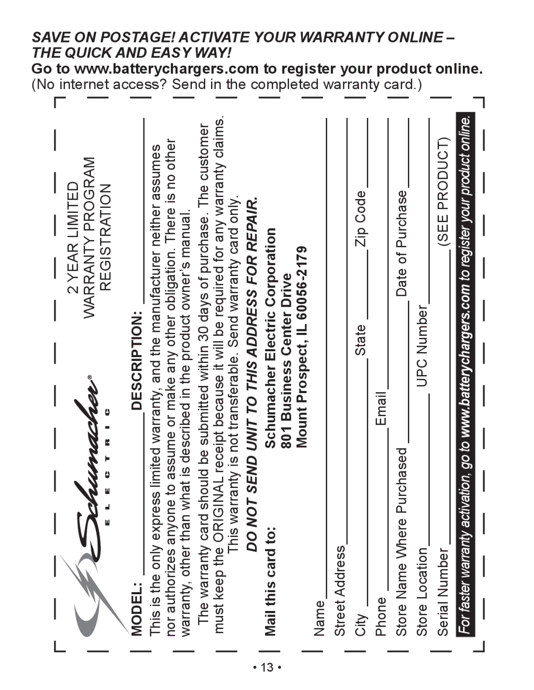 Schumacher PI-200 owner manual Do not Send Unit to this Address for Repair 