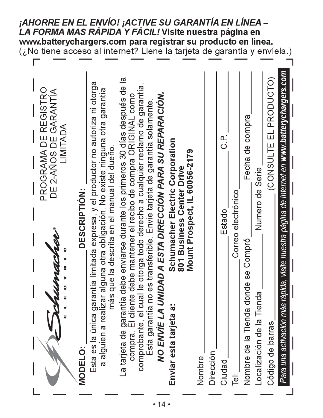 Schumacher PI-200 owner manual No Envíe LA Unidad a Esta Dirección Para SU Reparación 