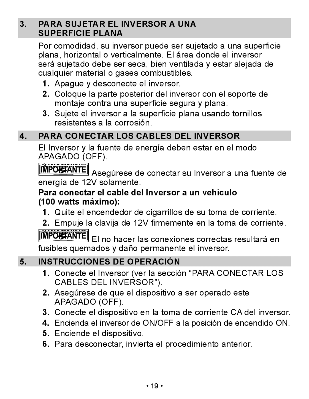 Schumacher PI-200 owner manual Para Sujetar EL Inversor a UNA Superficie Plana, Para Conectar LOS Cables DEL Inversor 