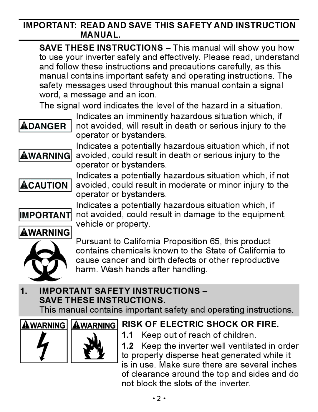 Schumacher PI-200 owner manual Important Safety Instructions Save These Instructions, Risk of Electric Shock or Fire 