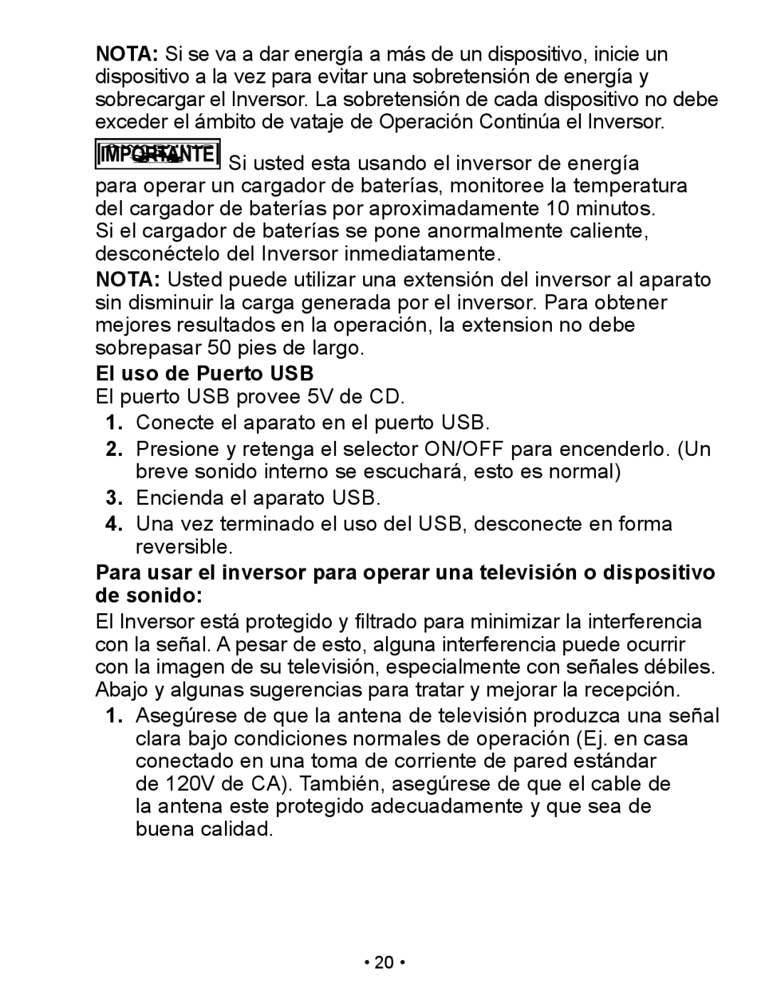 Schumacher PI-200 owner manual El uso de Puerto USB 