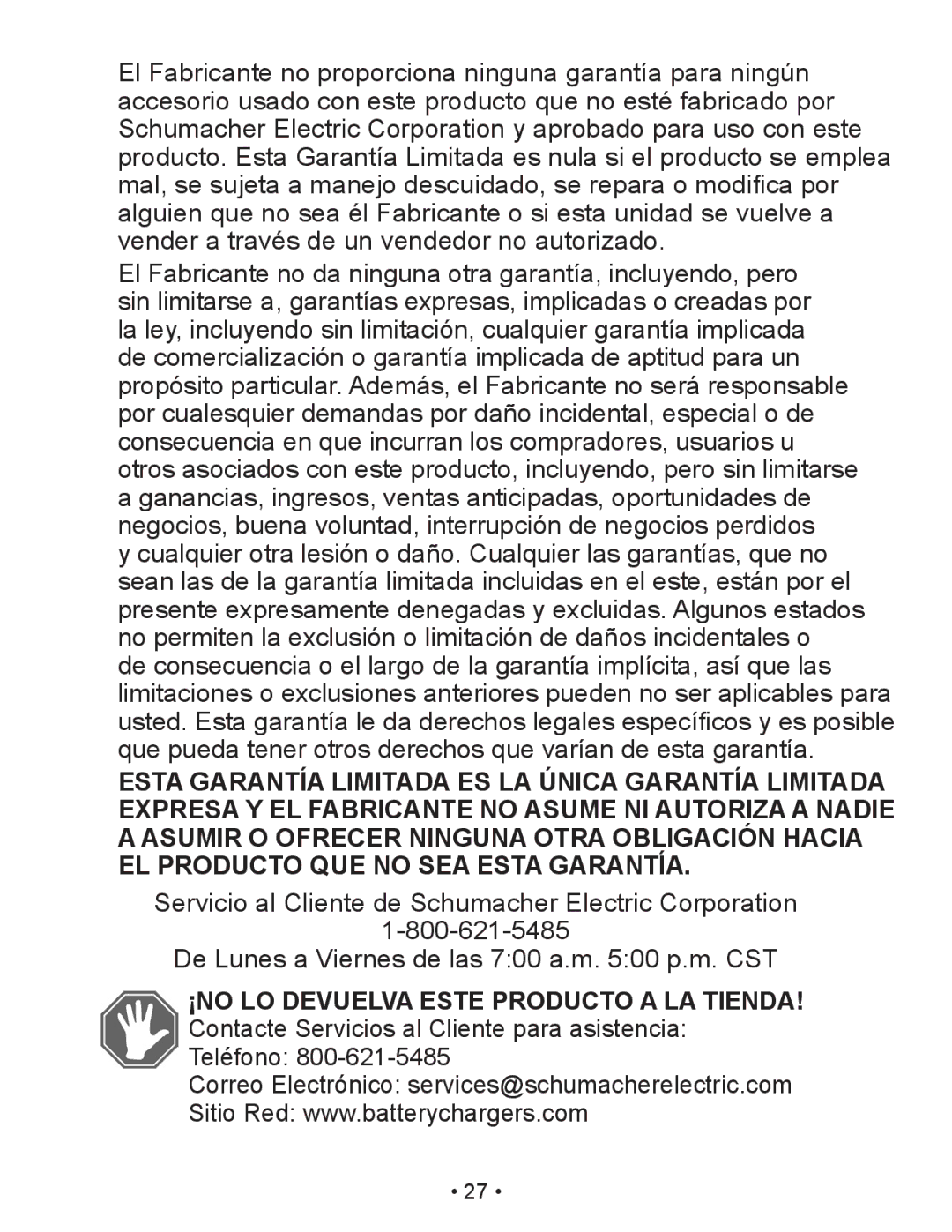 Schumacher PI-200 owner manual Teléfono Correo Electrónico services@schumacherelectric.com 