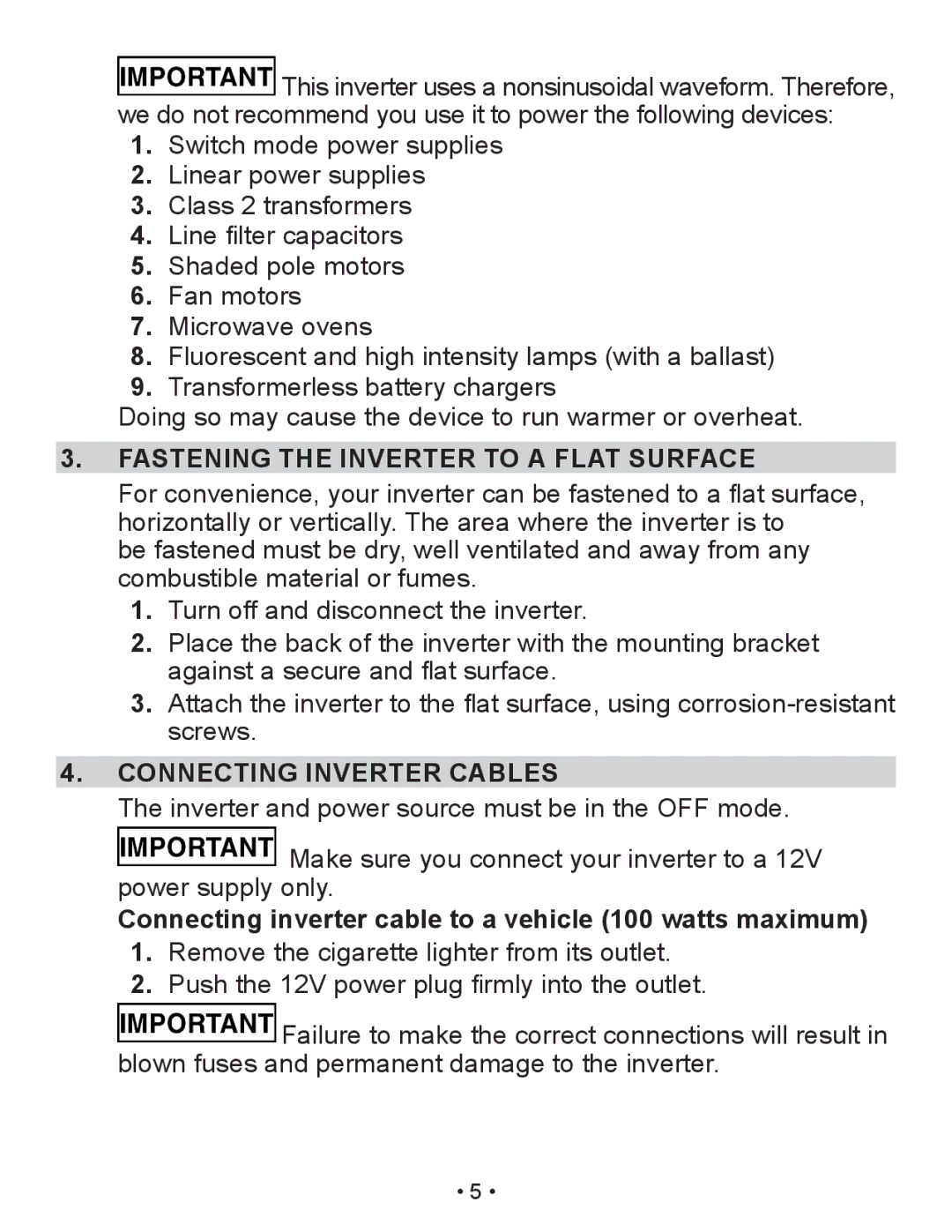 Schumacher PI-200 owner manual Fastening the Inverter to a Flat Surface, Connecting Inverter Cables 