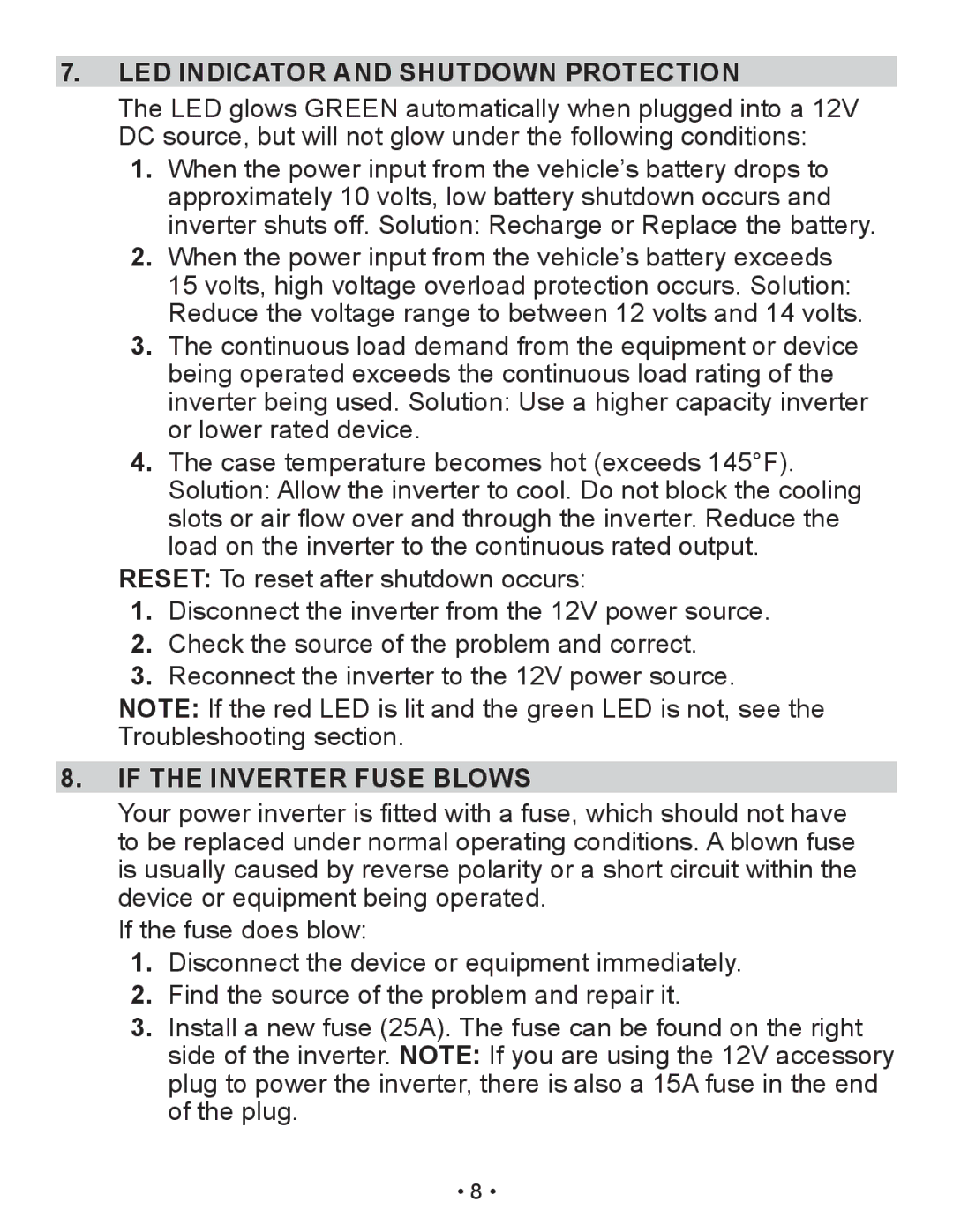 Schumacher PI-200 owner manual LED Indicator and Shutdown Protection, If the Inverter Fuse Blows 