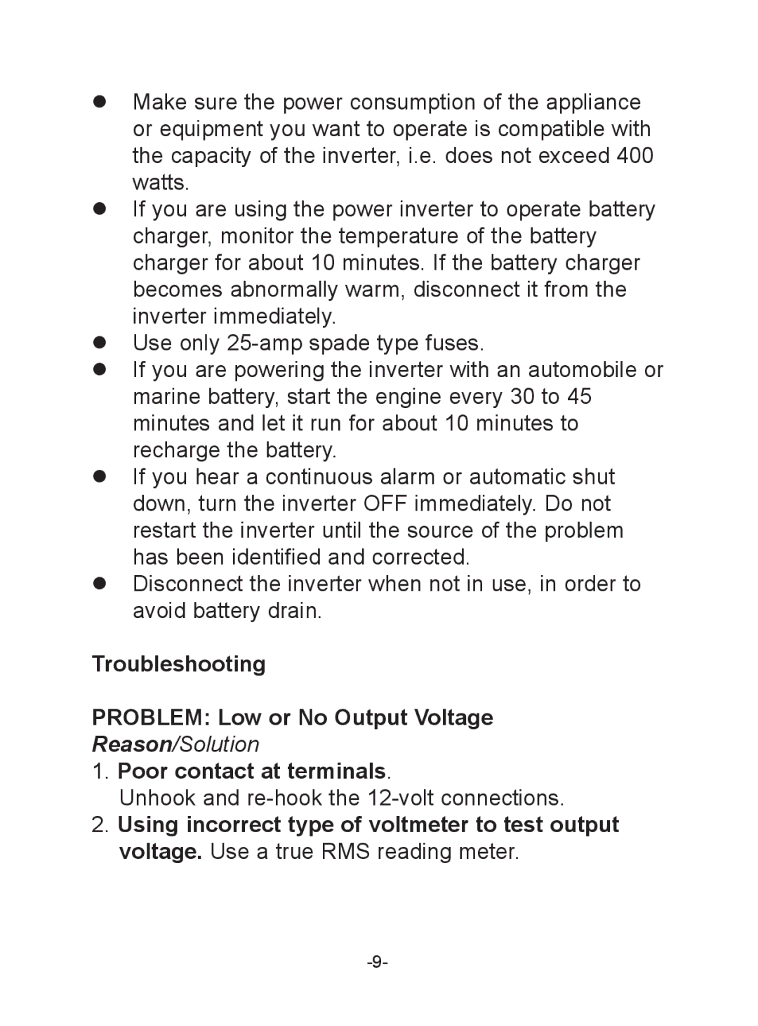 Schumacher PI-400 manual Troubleshooting Problem Low or No Output Voltage, Poor contact at terminals 