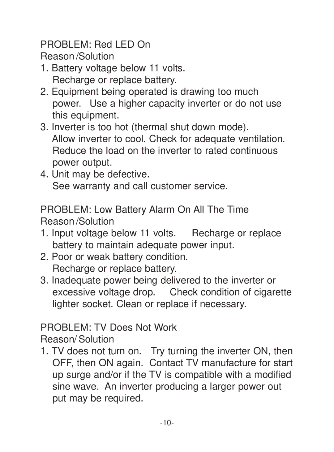 Schumacher PI-400 manual Problem Red LED On, Problem Low Battery Alarm On All The Time 