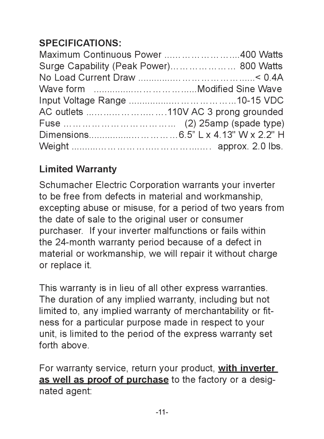 Schumacher PI-400 manual Specifications, Limited Warranty 