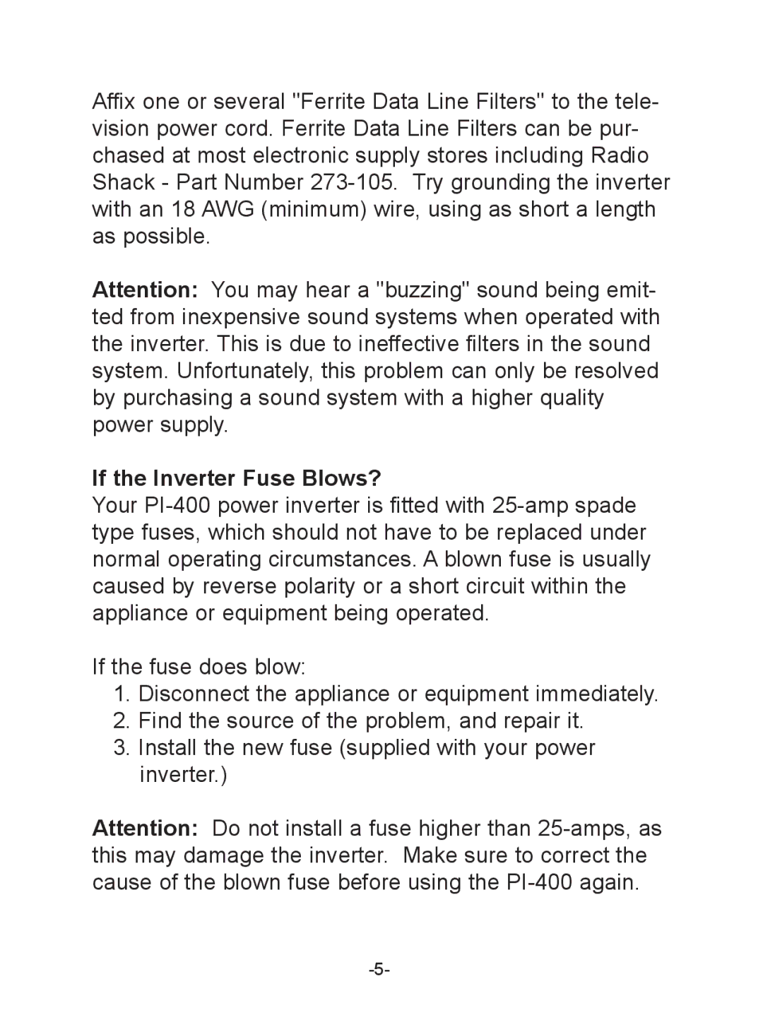 Schumacher PI-400 manual If the Inverter Fuse Blows? 