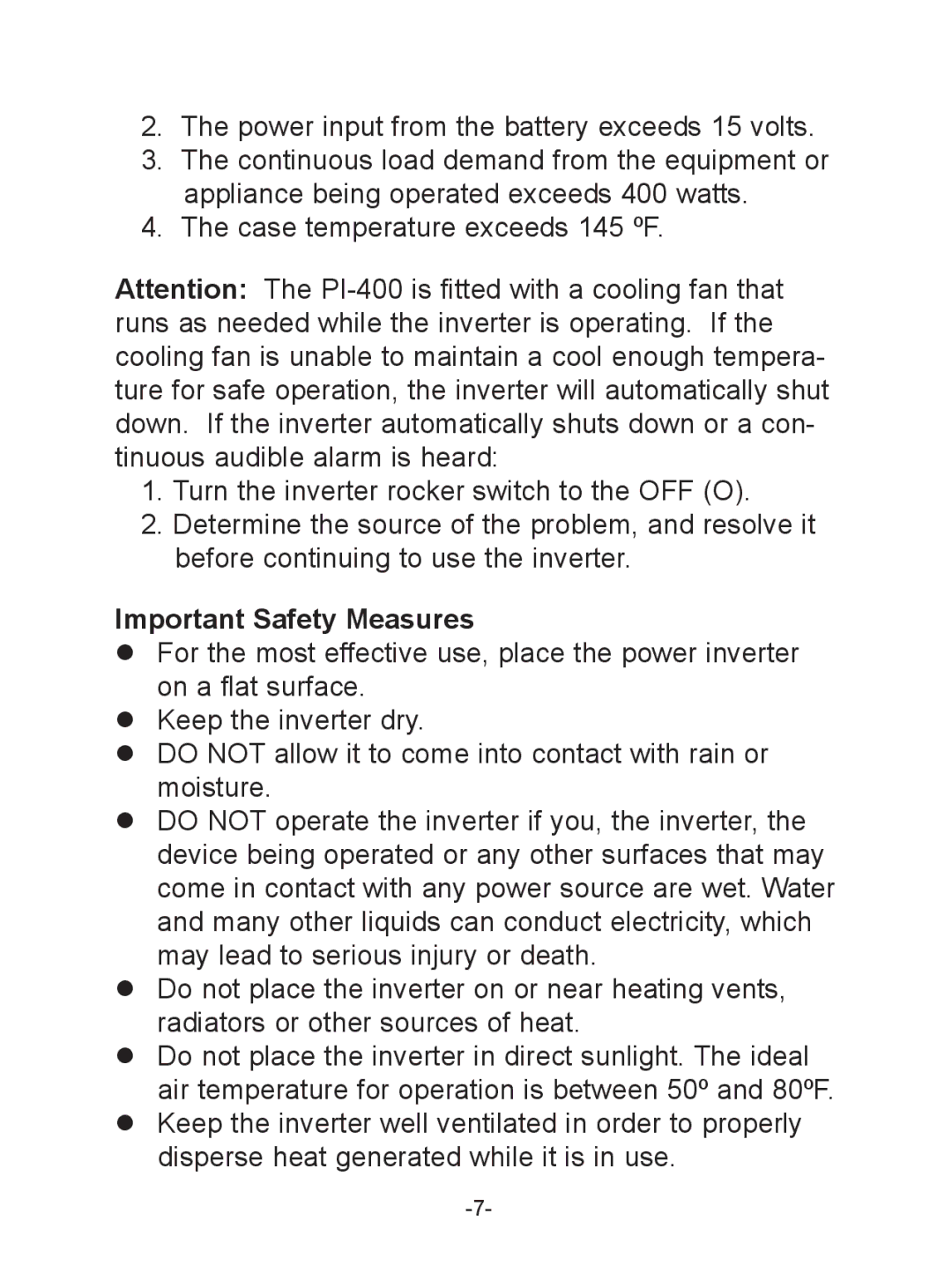 Schumacher PI-400 manual Important Safety Measures 