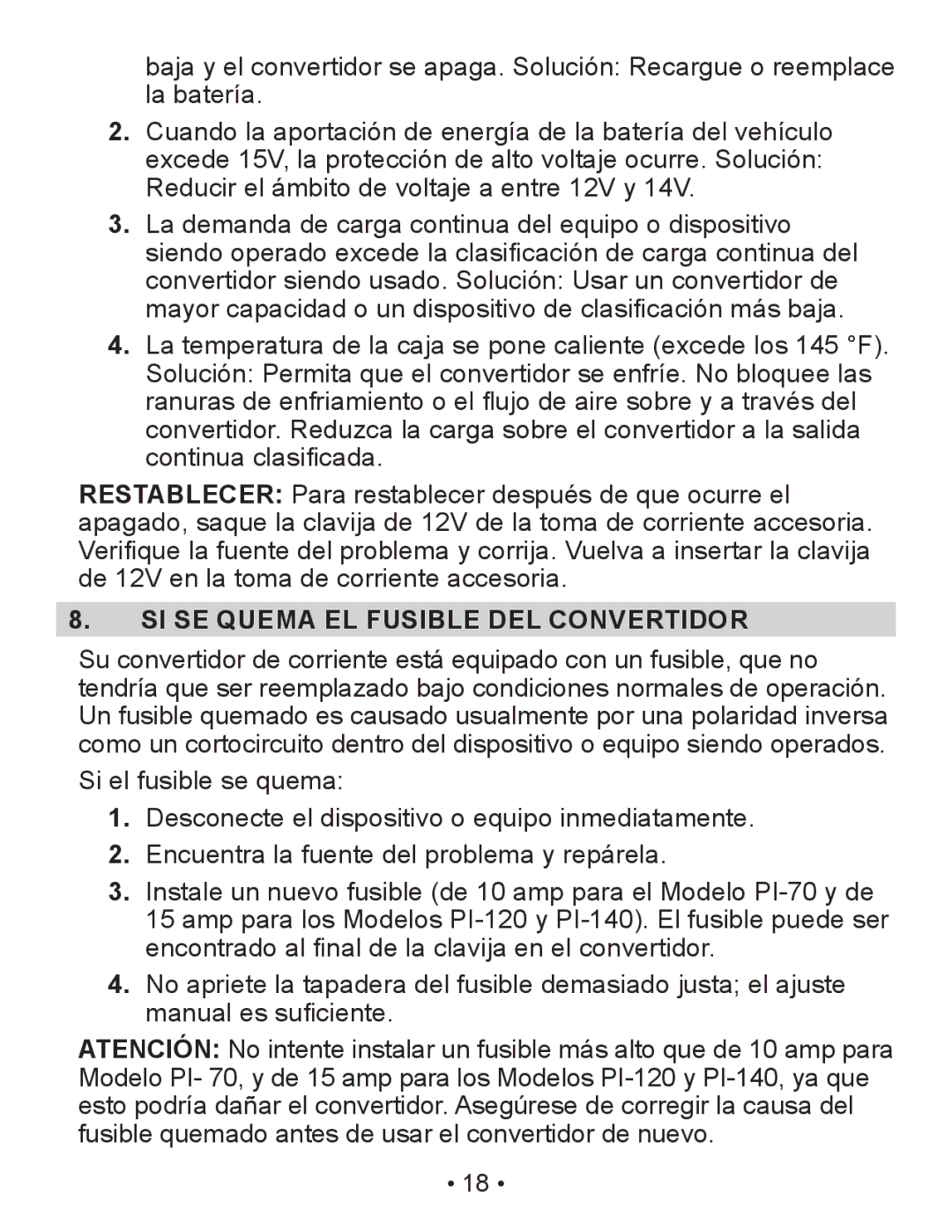 Schumacher PI-70 owner manual SI SE Quema EL Fusible DEL Convertidor 