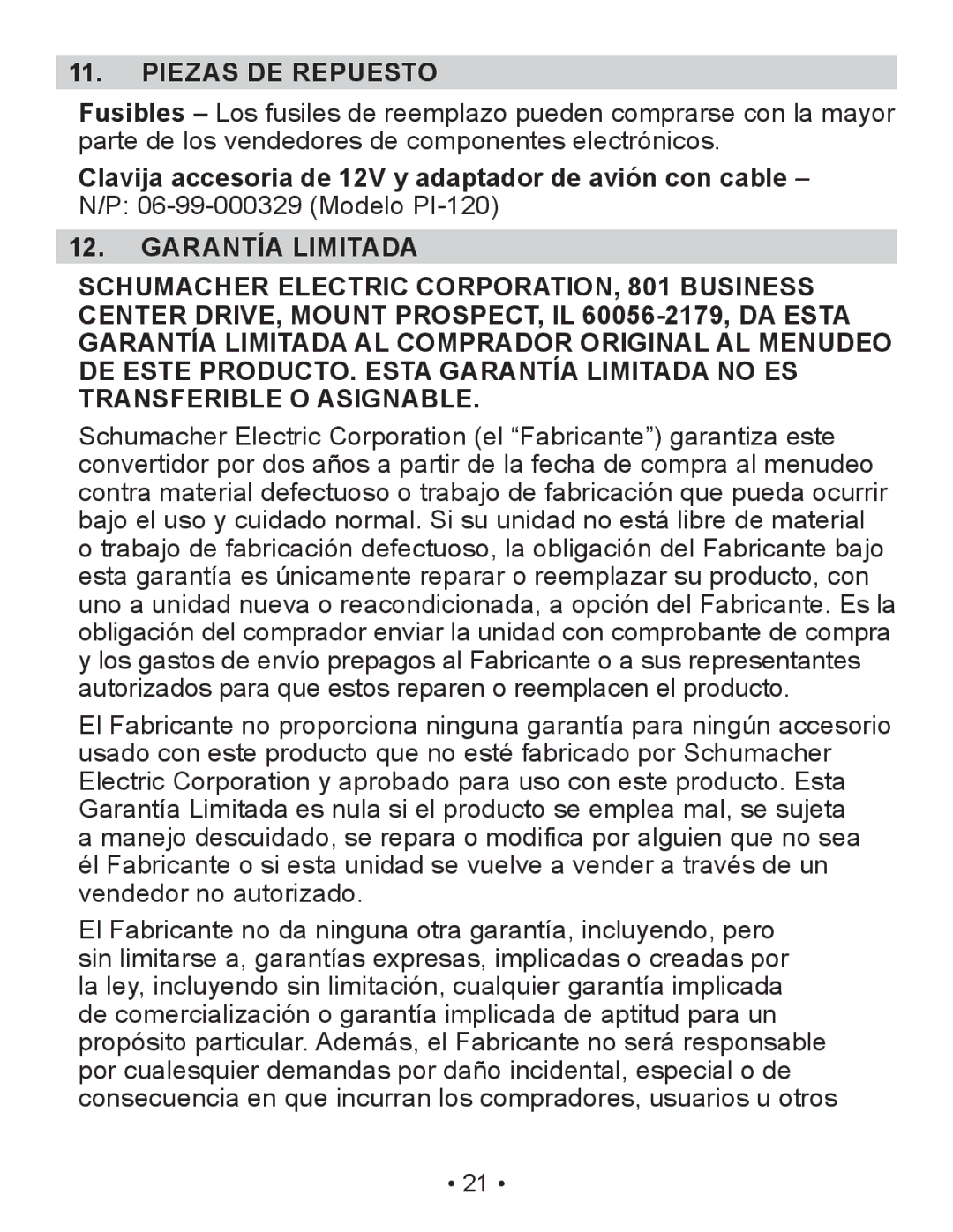 Schumacher PI-70 owner manual Piezas DE Repuesto, Clavija accesoria de 12V y adaptador de avión con cable 