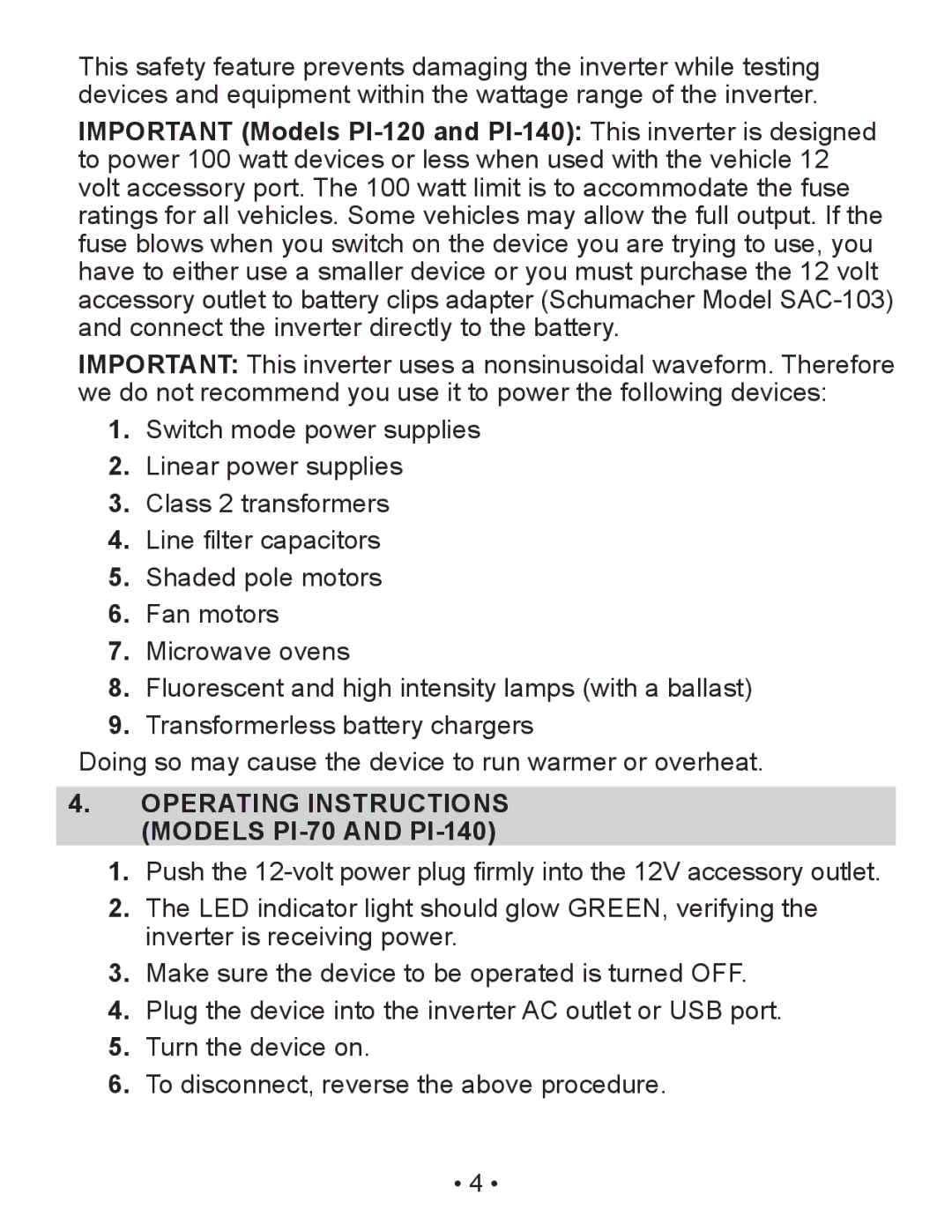 Schumacher owner manual Operating Instructions Models PI-70 and PI-140 