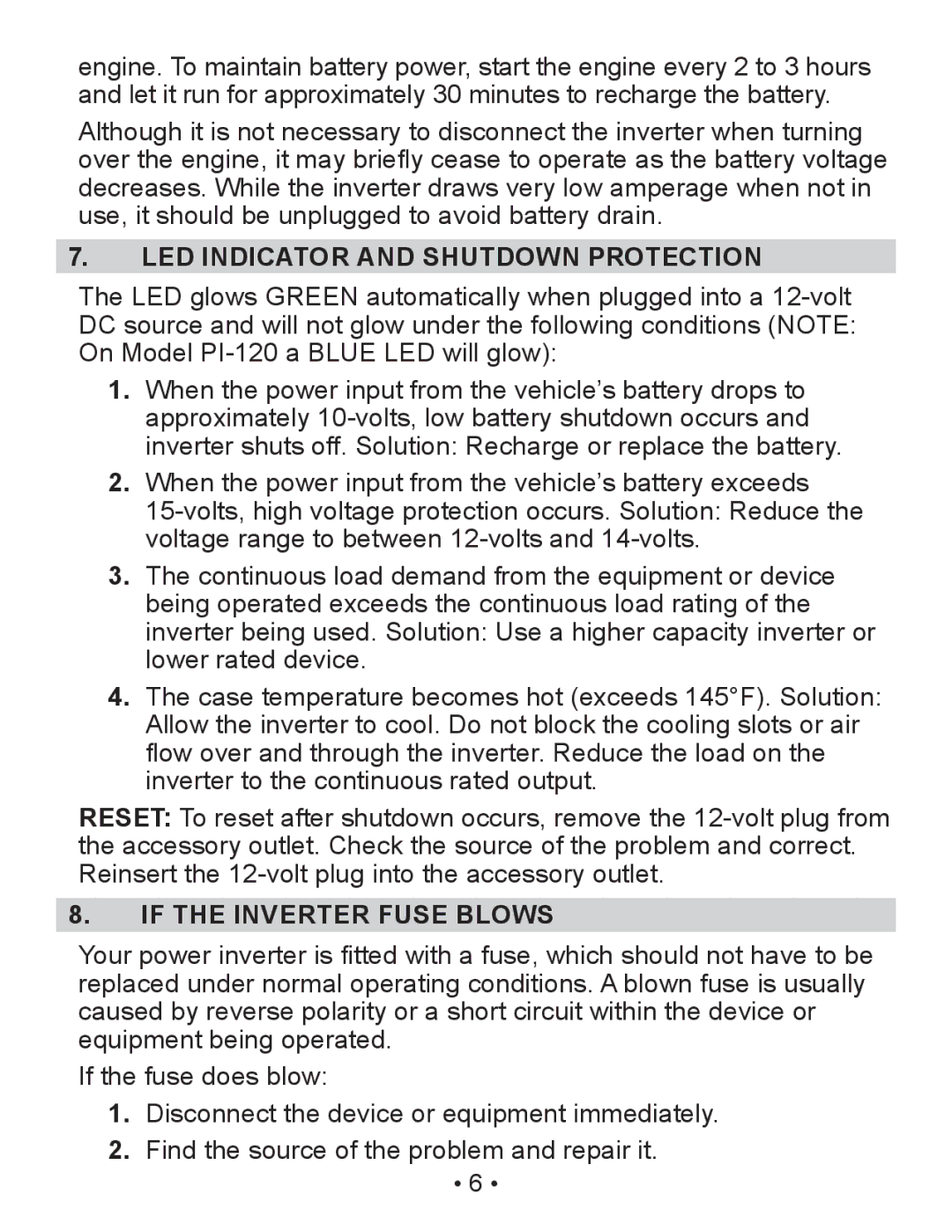 Schumacher PI-70 owner manual LED Indicator and Shutdown Protection, If the Inverter Fuse Blows 