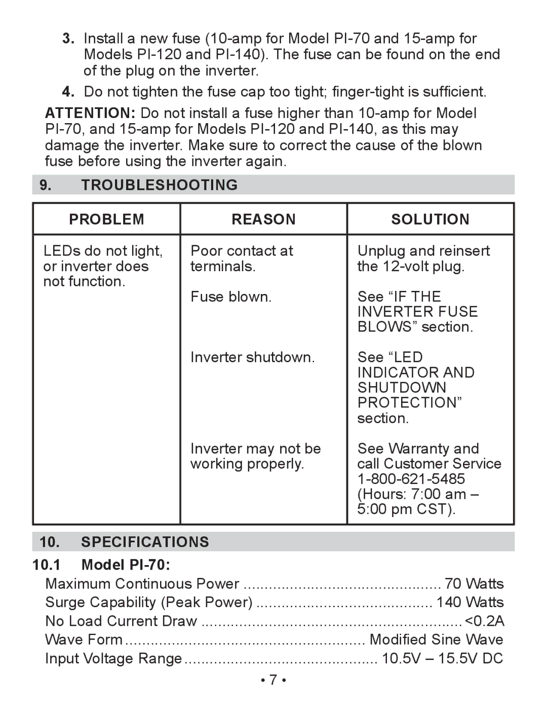 Schumacher owner manual Troubleshooting, Problem Reason Solution, Specifications, Model PI-70 