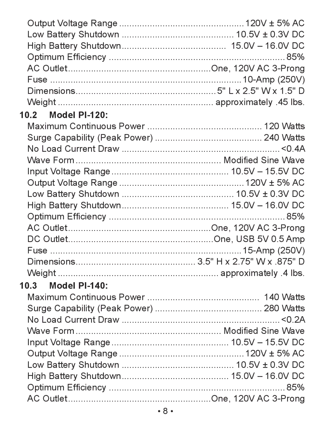 Schumacher PI-70 owner manual Model PI-120, Model PI-140 